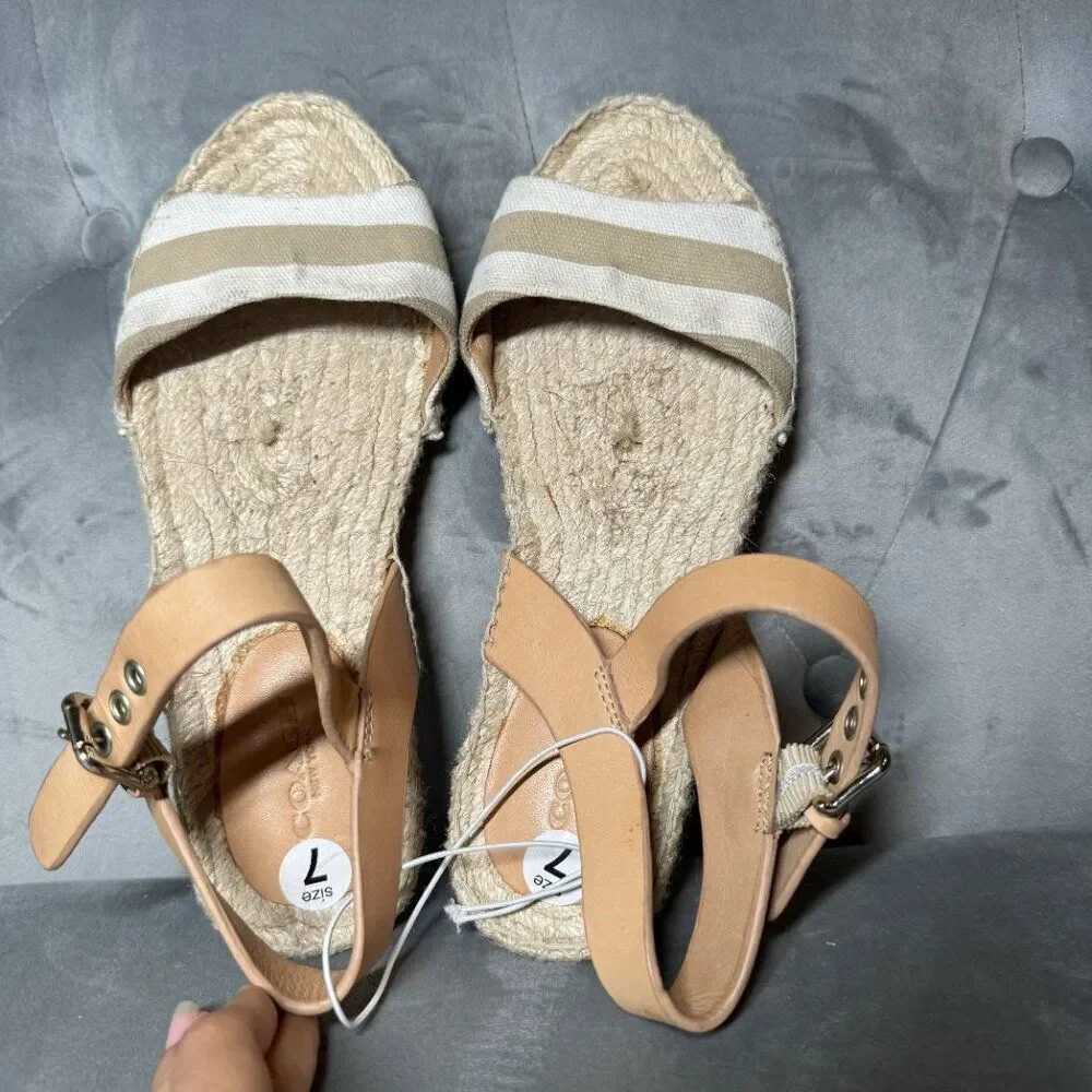Coach Rena Bleeker Cabana Khaki White Striped Espadrille Sandal‎ Size 7 vintage